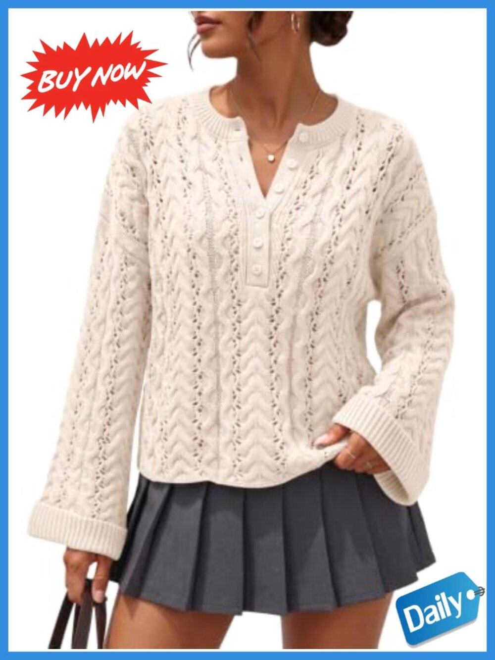Womens Henley Cable Knit Cropped Sweater Cotton Blend Pullover